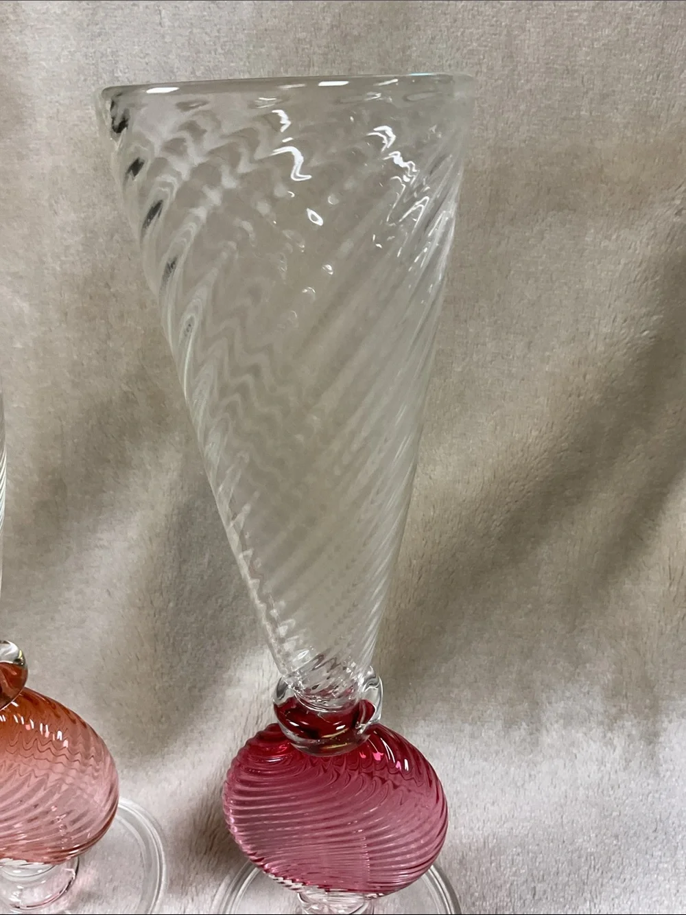 Handblown Glass Champagne Flutes with Pink and Coral Orb Stem